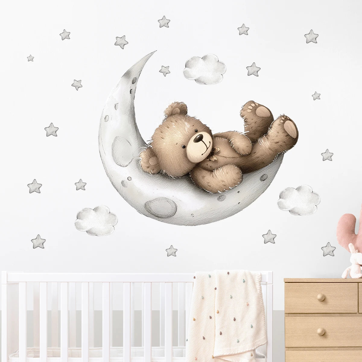 Adorable Cartoon Moon & Star Sleepy Bear Wall Stickers