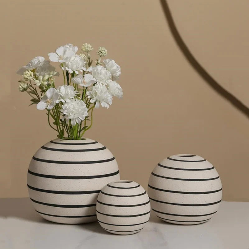 Monochrome Elegance: Ceramic Round Vase with Black Stripe