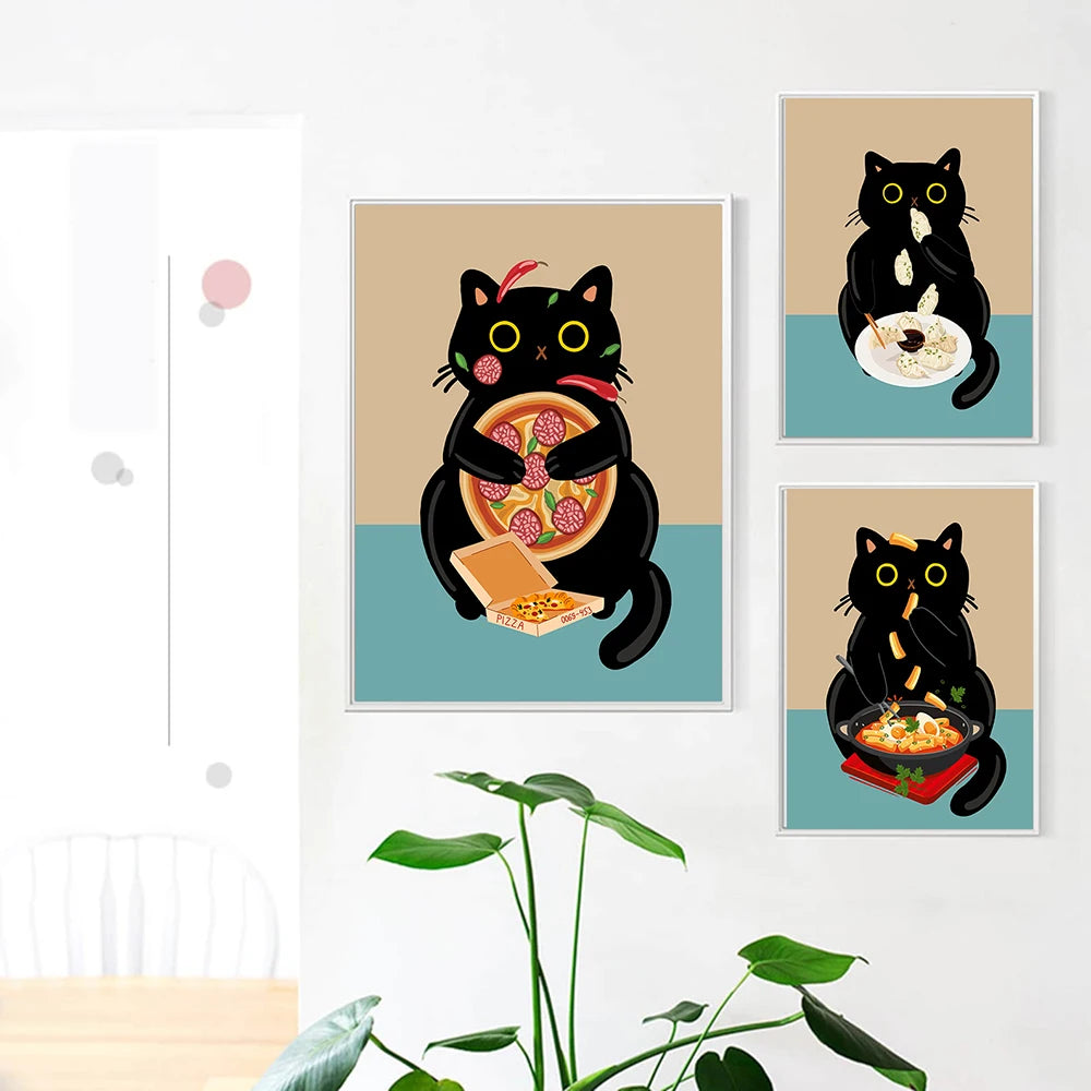 Whisker Wit: Playful Black Cat Feast Canvas Print