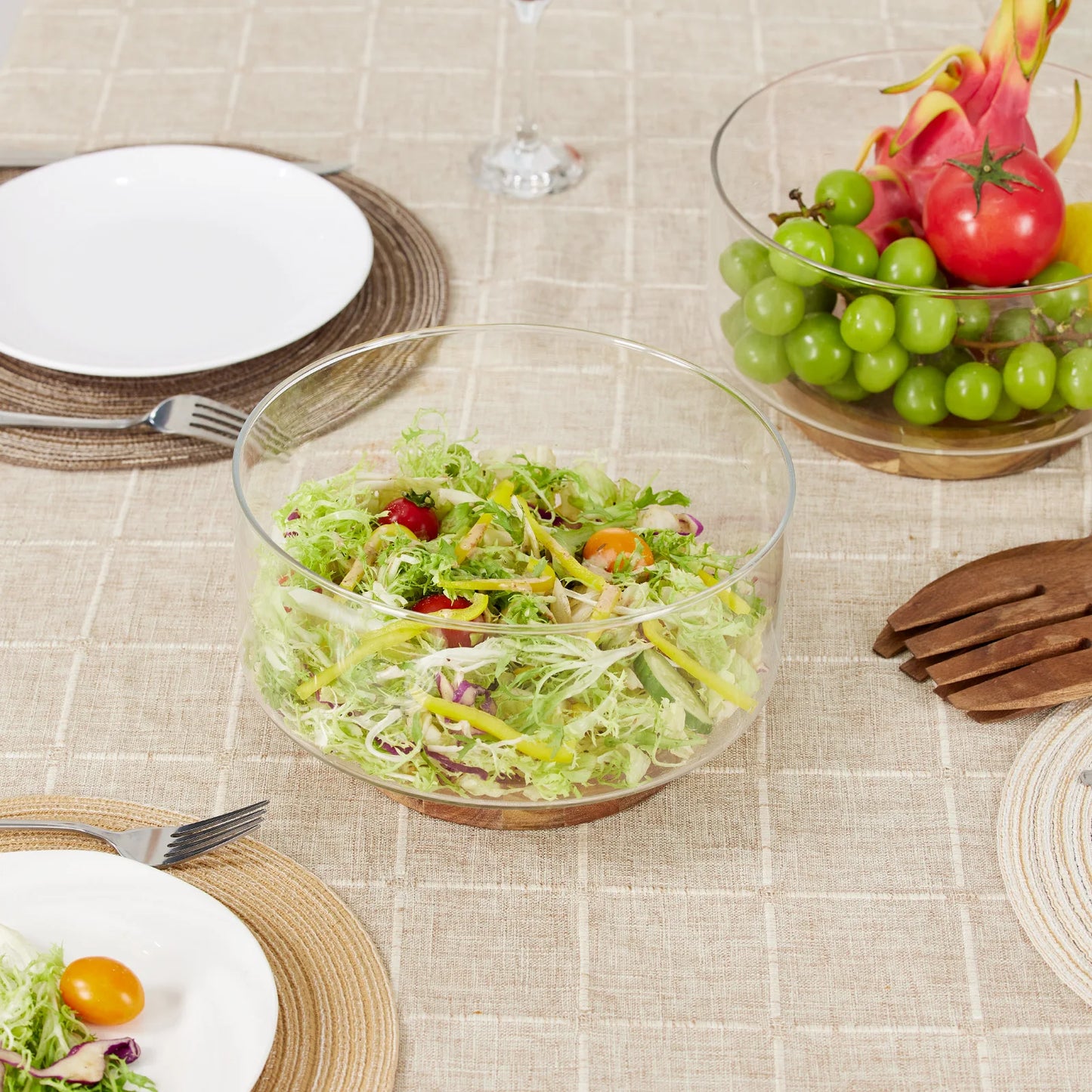 Modern Glass Fruit Bowl with Wooden Base