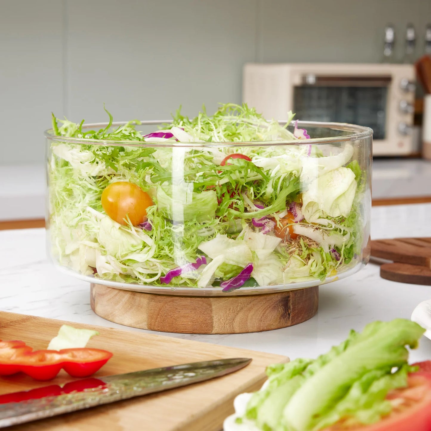 Modern Glass Fruit Bowl with Wooden Base