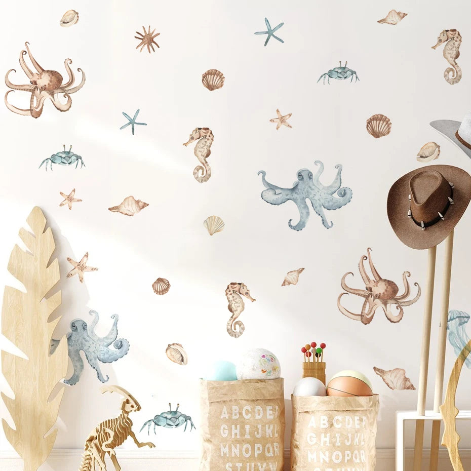 Underwater Wonders: Hand-Drawn Watercolour Wall Sticker Set