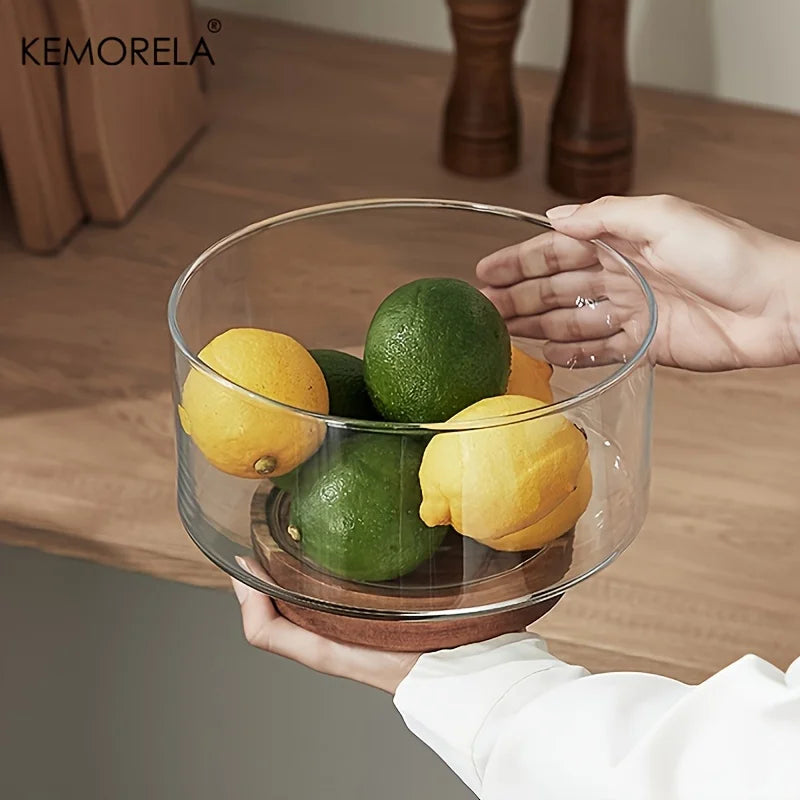 Modern Glass Fruit Bowl with Wooden Base