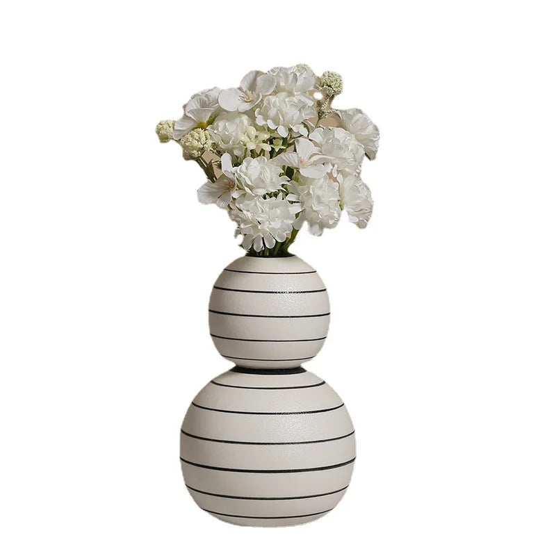 Monochrome Elegance: Ceramic Round Vase with Black Stripe