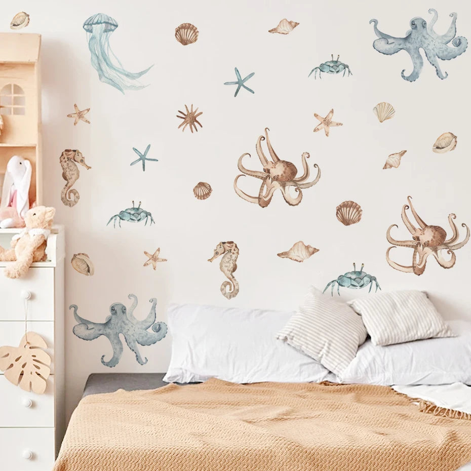 Underwater Wonders: Hand-Drawn Watercolour Wall Sticker Set