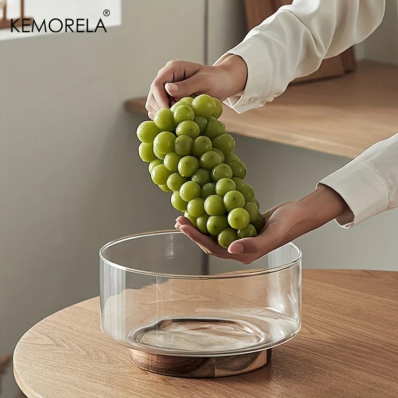 Modern Glass Fruit Bowl with Wooden Base