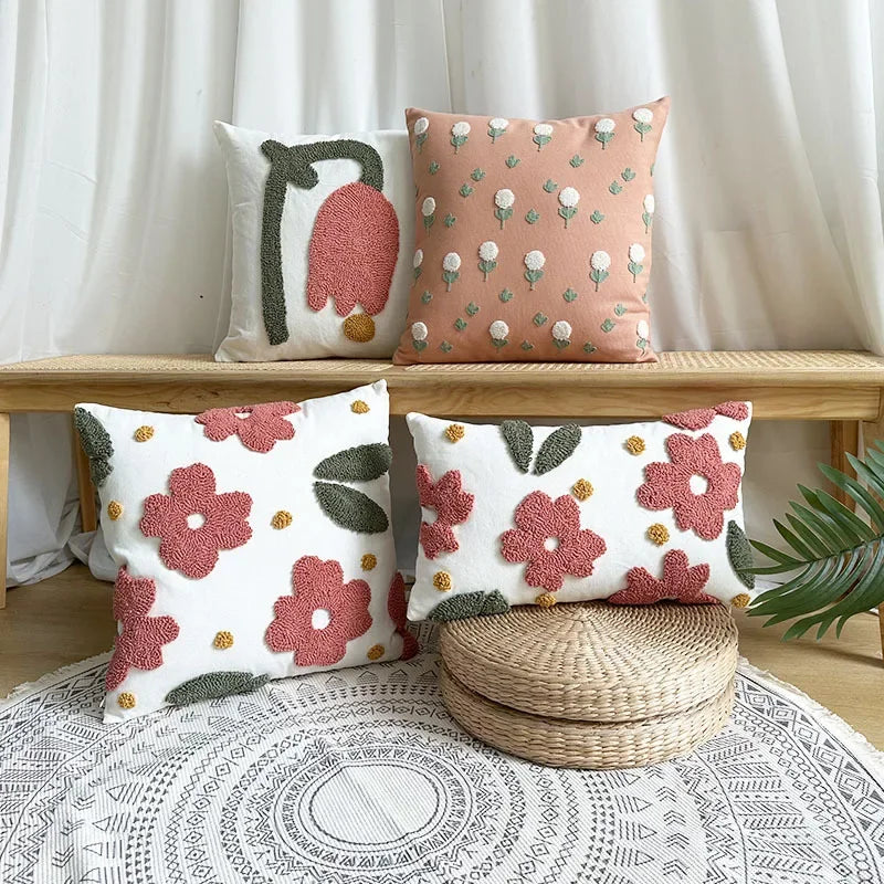 Nordic Bloom Pink Plant Embroidered Pillowcase