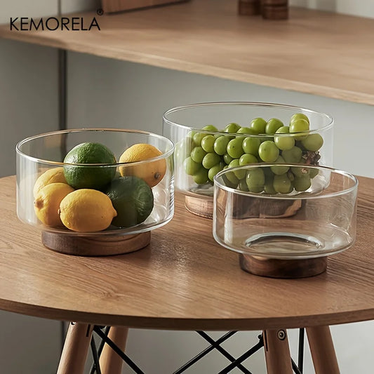 Modern Glass Fruit Bowl with Wooden Base