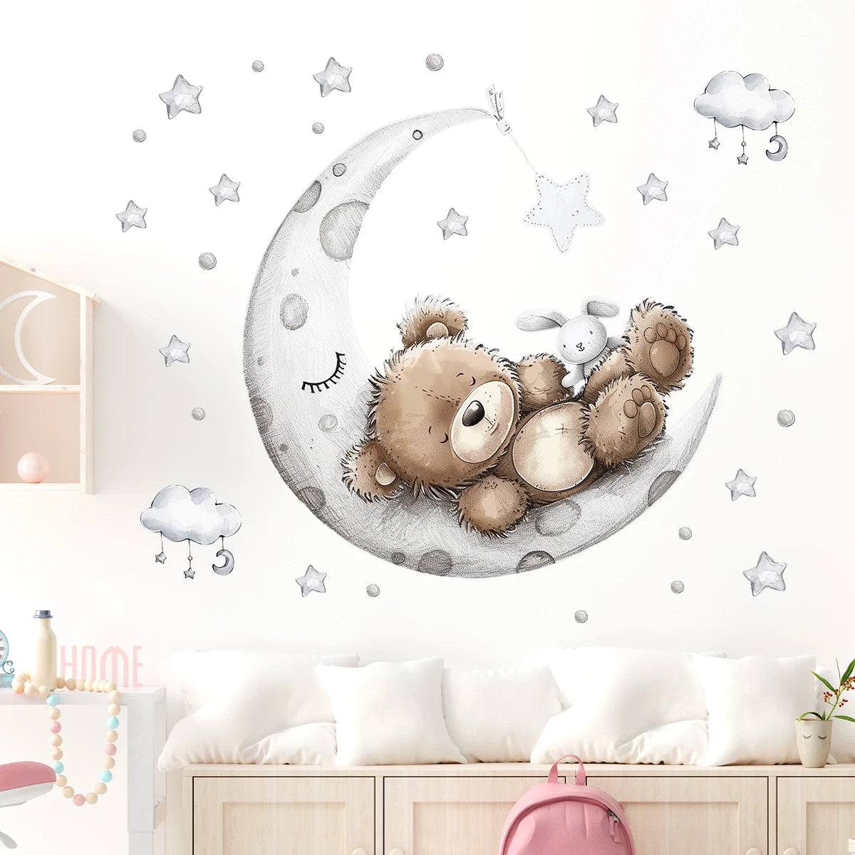 Adorable Cartoon Moon & Star Sleepy Bear Wall Stickers