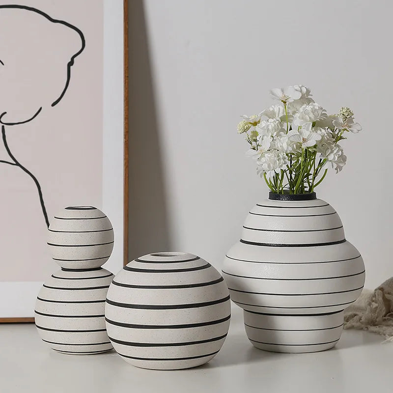 Monochrome Elegance: Ceramic Round Vase with Black Stripe