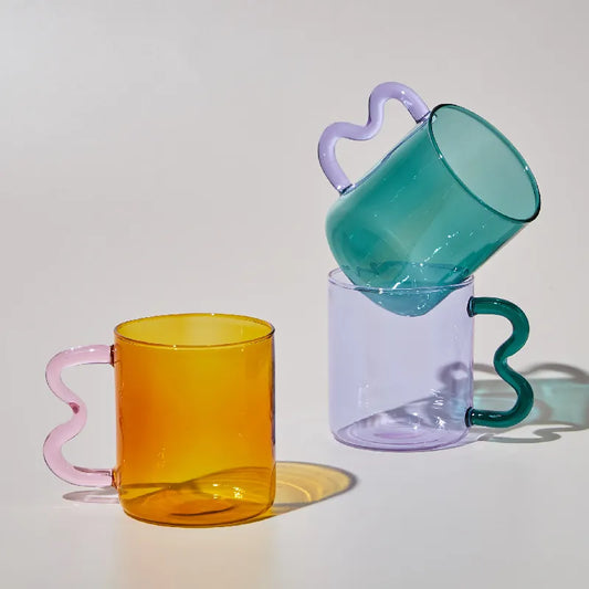 Rainbow Ripple: The Vibrant Wavy-Handled Clear Mug