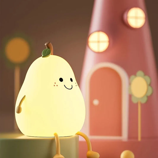 Pear-Shaped Cartoon Night Light – Soft Silicone Rechargeable Bedroom Lamp for Kids