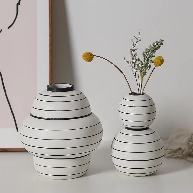 Monochrome Elegance: Ceramic Round Vase with Black Stripe