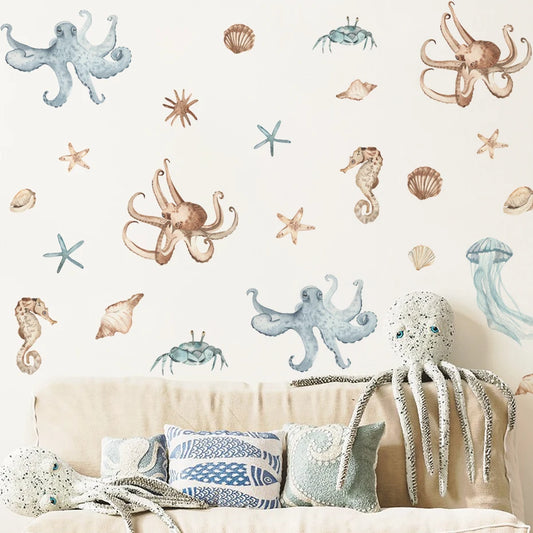 Underwater Wonders: Hand-Drawn Watercolour Wall Sticker Set