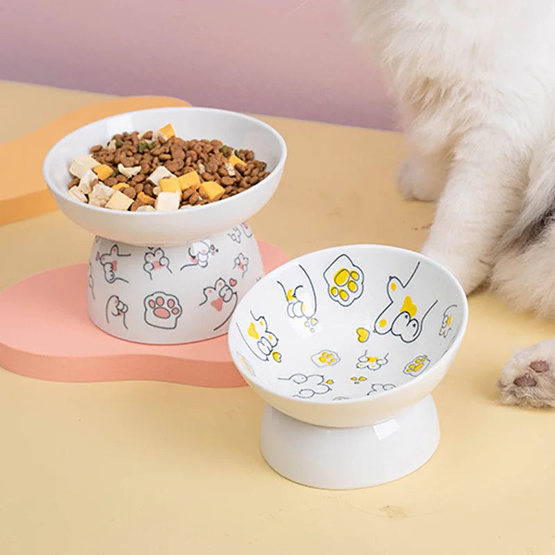 Purrfect Perch: Elevated Cartoon Cat Feeding Bowl