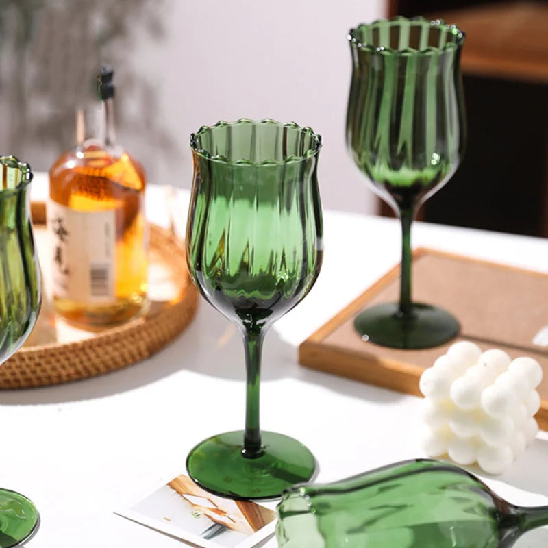 French Green Striped Wine Glass