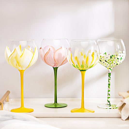 Blooming Vineyard: Hand-Painted Flower Wine Glass Set