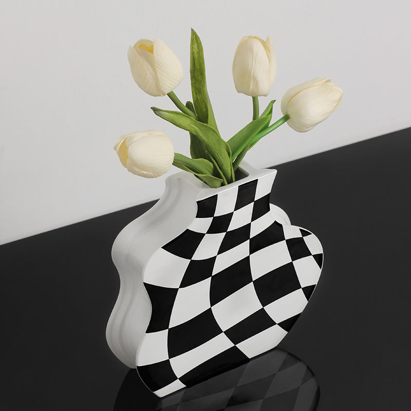 Checkered Elegance: Ceramic Vase Ornaments