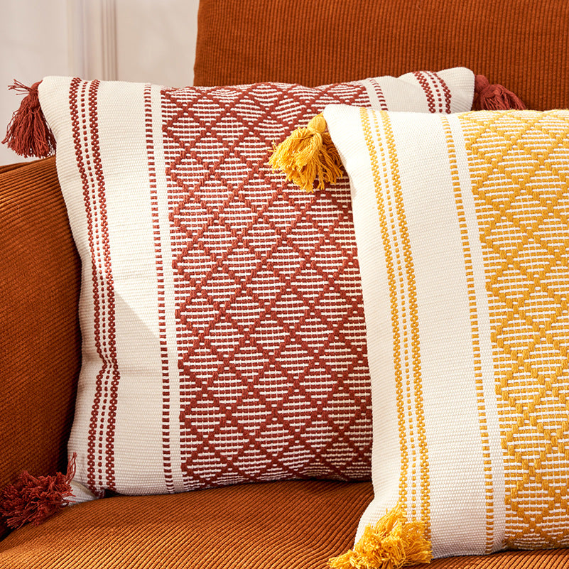 Geo Tassel: Geometric Woven Jacquard Tassel Cushion Cover