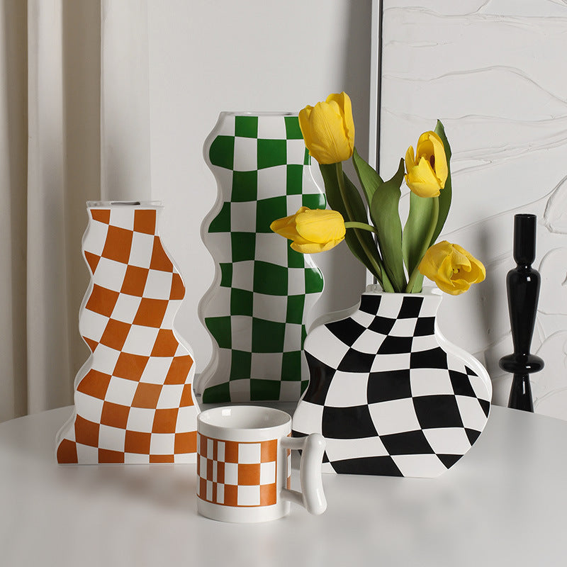 Checkered Elegance: Ceramic Vase Ornaments