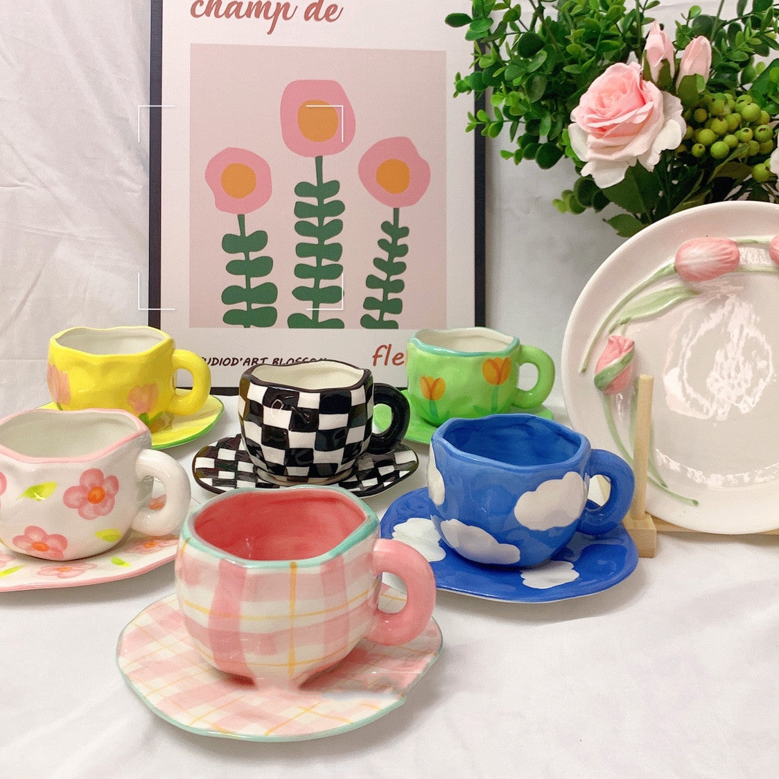 Artisanal Bliss: Textured Colourful Patterned Mug & Saucer Set